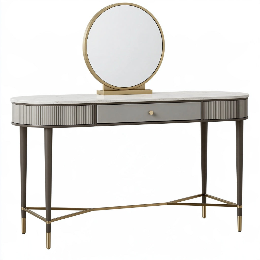 Schminktisch-Set 120 x 45 x 75 cm in Grau Gold mit Metallgestell und rundem Spiegel