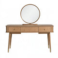 Schminktisch 120 x 45 x 150 cm aus Holz in Naturbraun mit rundem Spiegel und 3 Schubladen