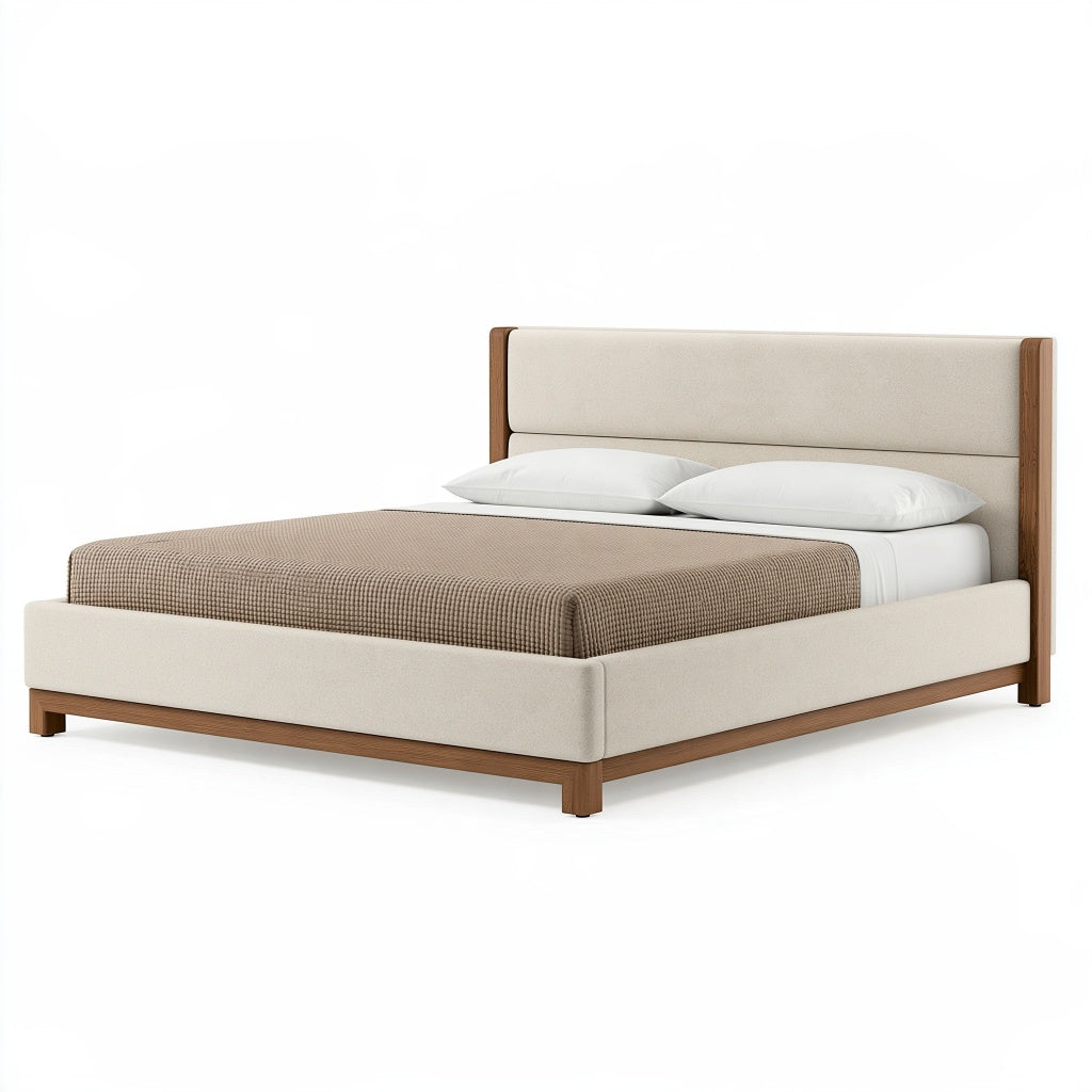 Polsterbett 160 x 200 cm Beige/Braun Holz mit Textilbezug modernes Doppelbett