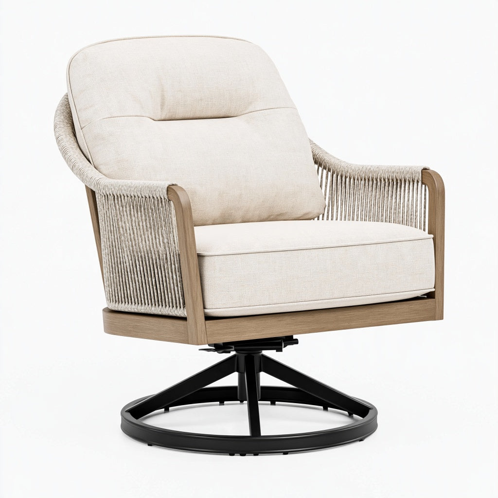Drehsessel 78 x 82 x 89 cm in Beige mit Holzgestell und Seilgeflecht