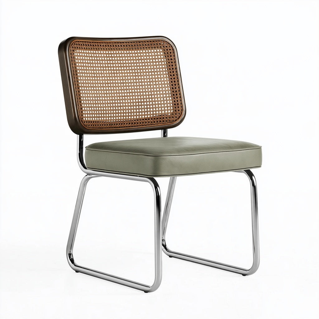 Stuhl 55 x 58 x 82 cm mit Kunstleder Sitzfläche in Olivgrün und Rattan Rückenlehne